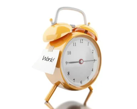 3d Alarm clock with sticky paper writen "work" Illustrazione stock