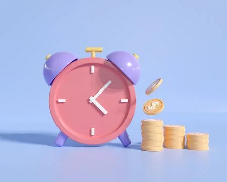 3d alarm clock time and gold coins stack. management time is money concept... Ilustración de archivo