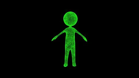 3D alien with a big head on black bg. Object dissolved green flickering par.. Illustrazione stock