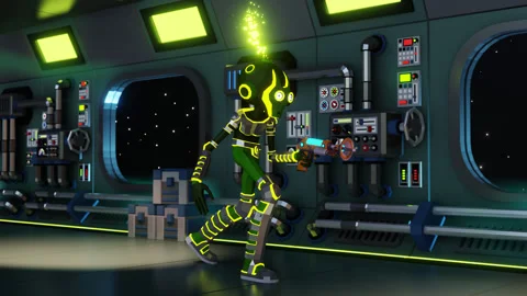 3D alien with blaster is walking down corridor of space station Stock Footage 237991952