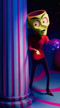 3D Alien Peeking from Marble Column, Cradling a Shiny Purple Brain Stock Illustration