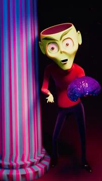 3D Alien Peeking from Marble Column, Cradling a Shiny Purple Brain.... Stock Illustration