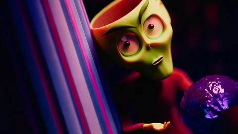 3D Alien Peeking from Marble Column, Cradling a Shiny Purple Brain Stock Illustration