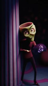 3D Alien Peeking from Marble Column, Cradling a Shiny Purple Brain Stock Illustration