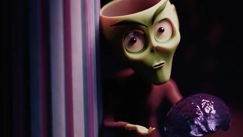 3D Alien Peeking from Marble Column, Cradling a Shiny Purple Brain Stock Illustration