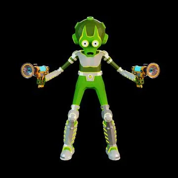 3D Alien with two blasters in hands. Stock Illustration