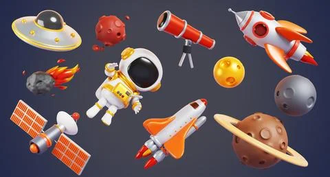 3d alien ufo, planets, astronaut, rocket, shuttle on background of outer space Stock Illustration