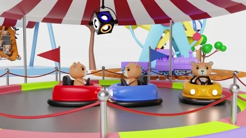3d amusement park concept with electric bump car, teddy bear viking ship, r.. Stock Footage 237232181