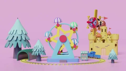 3d amusement park concept with pilot, propeller plane, railroad tracks, tun.. Stock Footage 233232714