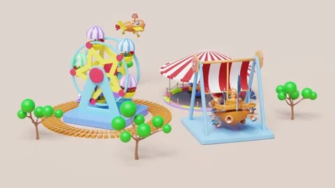 3d amusement park concept with pilot, propeller plane, electric bump car, t.. Stock Footage 273567349