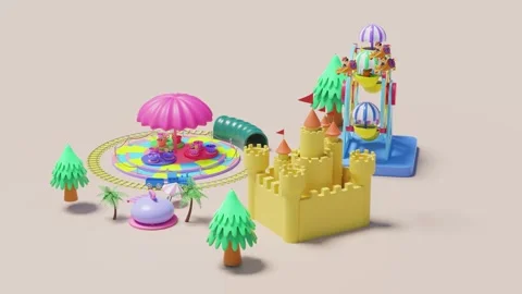 3d amusement park concept with tea cup ride, pilot, propeller plane, railro.. Video stock 273567358