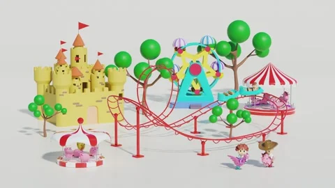 3d amusement park landscape concept with roller coaster, ferris wheel, unic.. Video stock 274245301