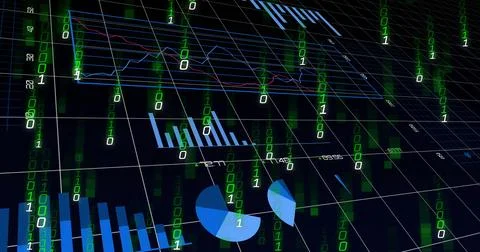 3D analytics plane getting data panning and showing blue bar pie charts while Stock Illustration