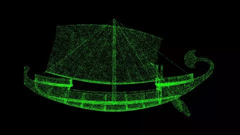 3D ancient ship galley on black bg. Historical scientific concept. For title, Stock Illustration