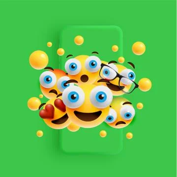 3D and different kinds of emoticons with matte smartphone, vector illustartio Stock Illustration