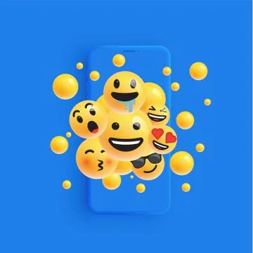 3D and different kinds of emoticons with matte smartphone, vector illustartio Stock Illustration