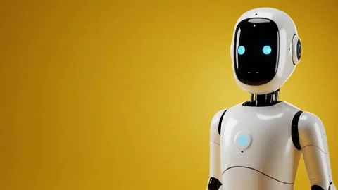 3D Android Character: Glowing Blue Eyes on Vibrant Yellow 4K Vídeos de archivo 339275336