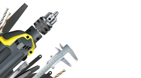 3d Angular composition of set tools of locksmith, hand metalworking on white Stock Illustration