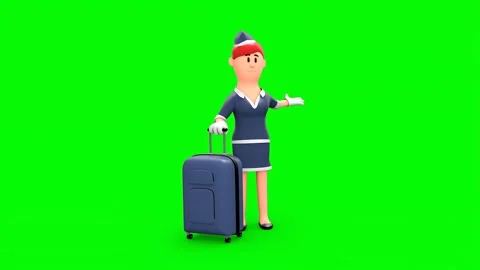 3D Animated Air Hostess With Suitcase Standing in Green Screen Background Vidéo 266972195
