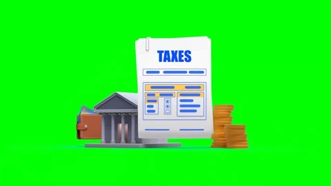 3D Animated Bank Building With Stack of Coins, Tax Forms, Wallet on green b.. Видео 312665440