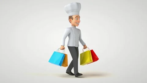 3D animated chef smiling, walking, and carrying colorful shopping bags. Stock Footage 320260991