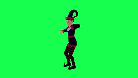 3D animated clown elf in red blue dress cheering friends and dancing from right Video stock 247973066