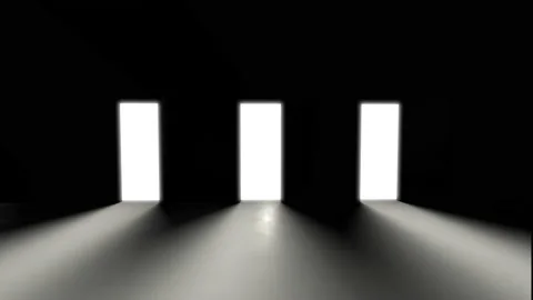 3D animated concept of opening three doors, White light. A dark room, a game of  Stock Footage 151939219