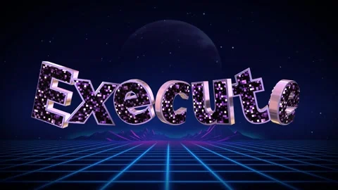 3d animated execute text with metallic purple texture moving over a retro Видео 347768575