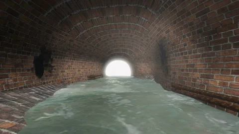 3D Animated Flooded Brick Sewer Tunnel Leading to Bright Light Stock Footage 348103641