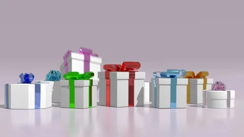 3D animated gift boxes fall in glossy floor. 4k animation Vidéo 255102494