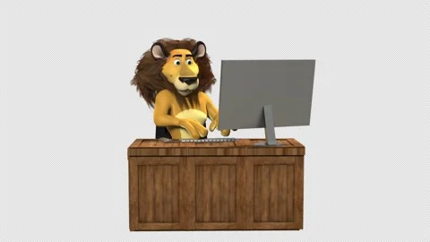 3D animated Lion working on computer while sitting at desk Vidéo 239617133