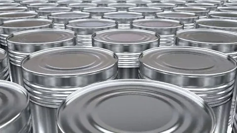 3D animated looping pan along the canned food mass production line Stockbeeldmateriaal 69078882