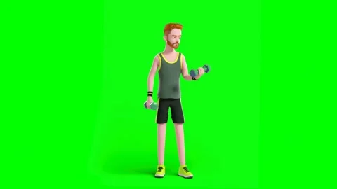 3D Animated Man Performs Workout Routine with Dumbbells on Green Background 库存影片 314431510