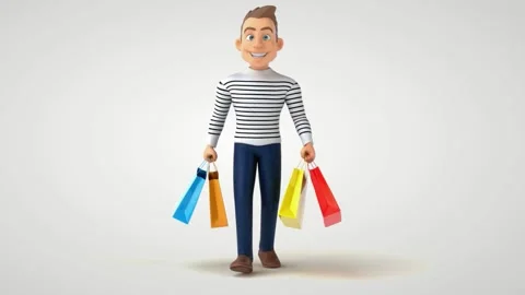3D animated man smiling, walking, and carrying colorful shopping bags on a w Stock Footage 320257006