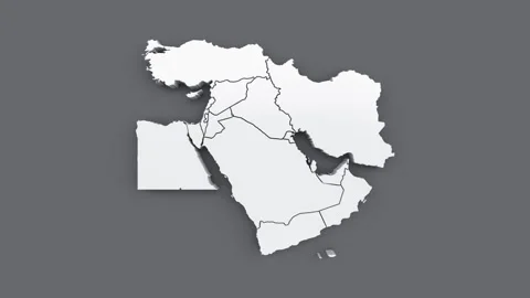 3D animated map of the Middle East, white map on grey background. Stock Footage 331774134