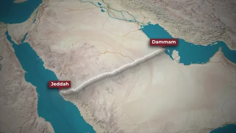 3D Animated Map Route from Jeddah to Dammam Saudi Arabia by Car Stock Footage 341887385