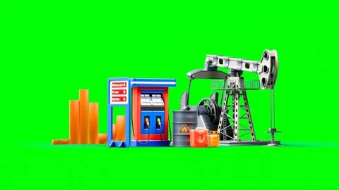 3D Animated Oil Extraction Process With Pumpjack, Gas Station on Green Back.. Vidéo 312665427