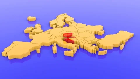 A 3D animated rendered map of Europe, focused on Croatia with a map sticker.  Stock Footage 143173419