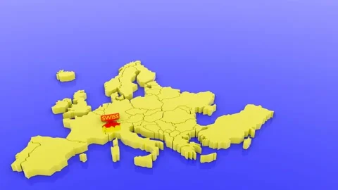 A 3D animated rendered map of Europe, focused on Swiss with a map sticker. 3D Stock Footage 143173469