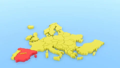 A 3D animated rendered map of Europe, focused on Spain with a map sticker. 3D Stock Footage 143173476