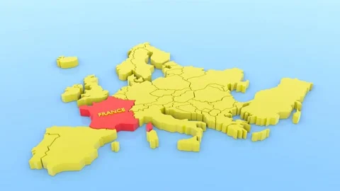 A 3D animated rendered map of Europe, focused on France with a map sticker. 3 Stock Footage 143173481