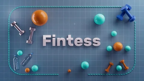 3D animated scene showcasing the word "Fintess" surrounded by colorful fitness Stock Footage 323917856