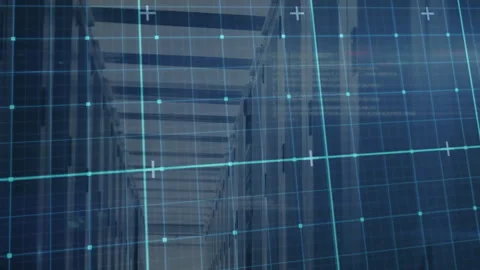 3D animated server rack corridor being visualized with blue digital grid overlay Stock Footage 309103178
