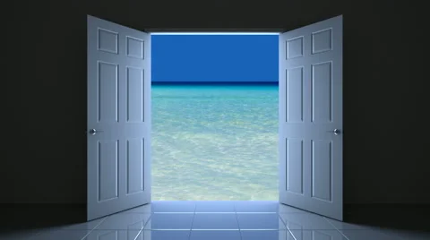 3D animated Tropical vacation concept: the doorway to turquoise tropical beach Stockbeeldmateriaal 65367184