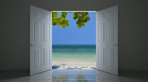 3D animated Tropical vacation concept: the doorway to exotic beach Stockbeeldmateriaal 65367188