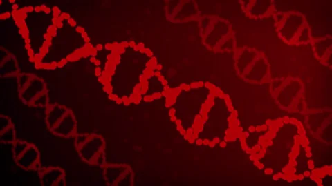 3D animated twisting and rotating DNA strands with floating grainy circles on a 스톡 동영상 345046373