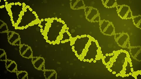 3D animated twisting and rotating DNA strands with floating grainy circles on a Vídeos de archivo 345046389
