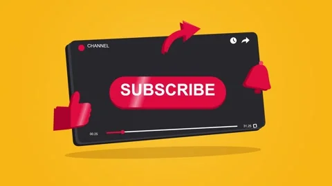 3D Animated Video Player with Subscribe Like and Bell Icons on Yellow Backgroun Stockbeeldmateriaal 348206635