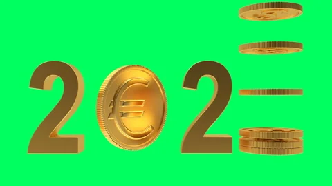 3D animation of 2021 and falling euro coins on a green screen. 4K Stock Footage 139562260