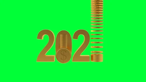 3D animation of 2021 and falling dollar coins on a green screen. 4K Stock Footage 139562462